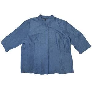 Eileen Fisher Woman Crinkled Silk Top Blue Mandarin Collar 3/4 Sleeve 1X